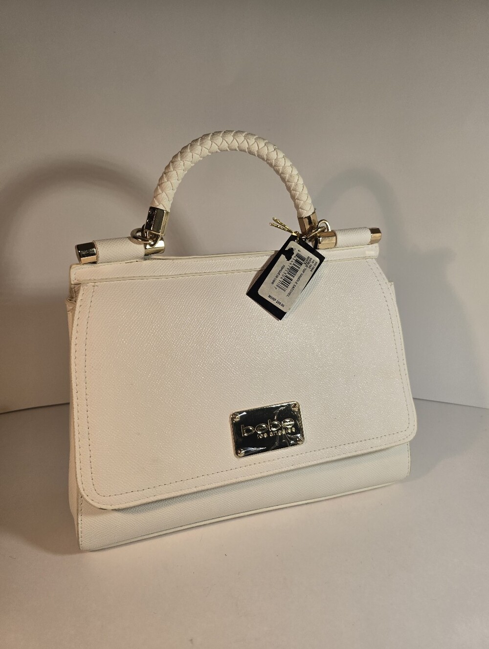 bebe Cream Braided-Handle Flap Satchel with Gold Accents